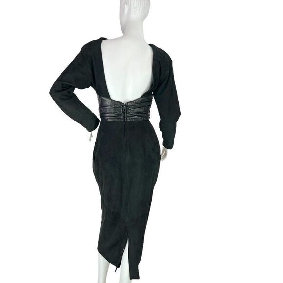 Vakko Vintage 80s Black Suede & Leather Backless Long Sleeve Midi Dress, Size 6 - Picture 4 of 15